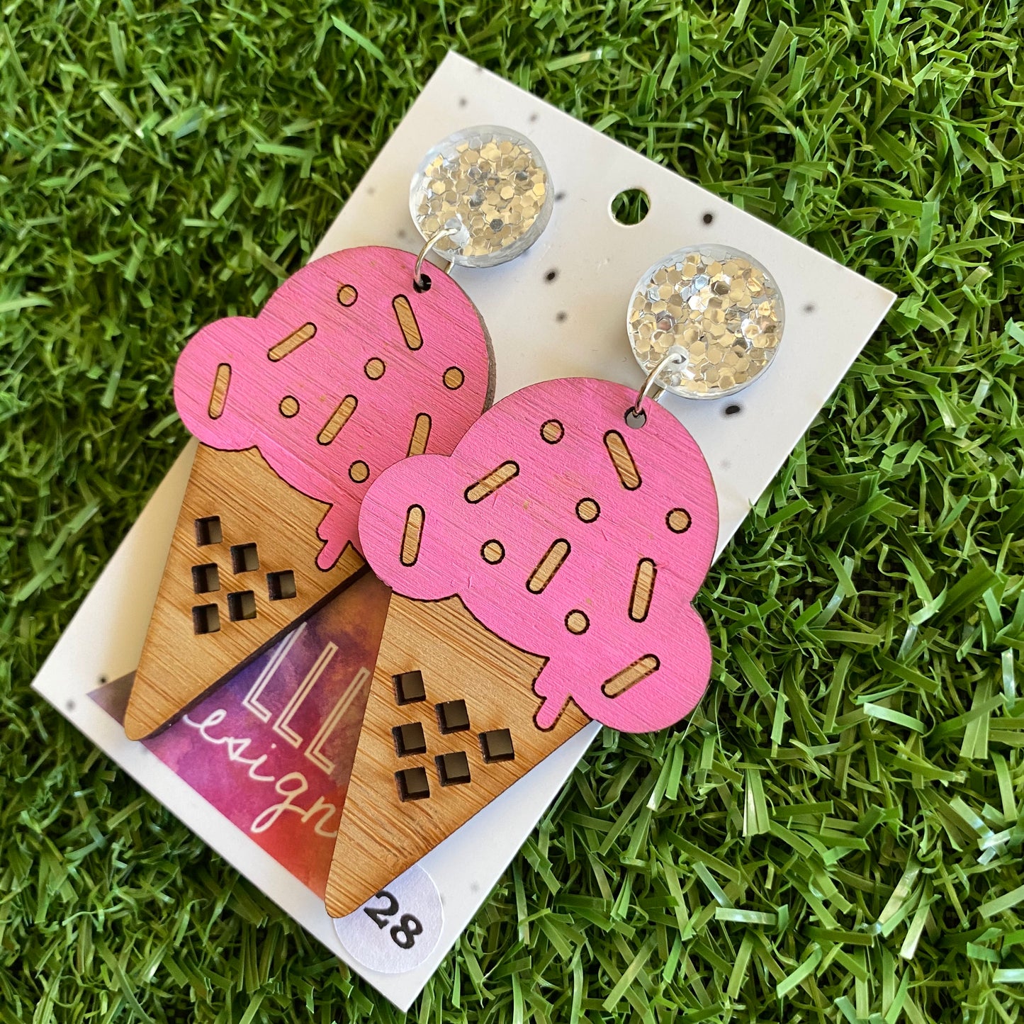 Ice Cream Earrings - Hand Painted Bamboo - Strawberry Ice Cream Cone Dangle Earrings. Finished with Mega Glitz Silver Tops to make them POP!
