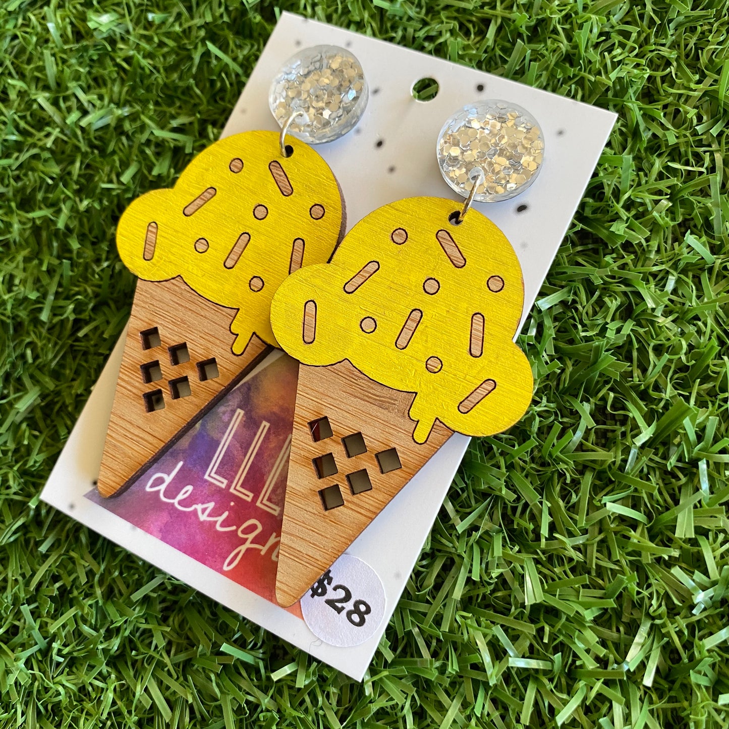 Ice Cream Earrings - Hand Painted Bamboo - Banana Ice Cream Cone Dangle Earrings. Finished with Mega Glitz Silver Tops to make them POP!