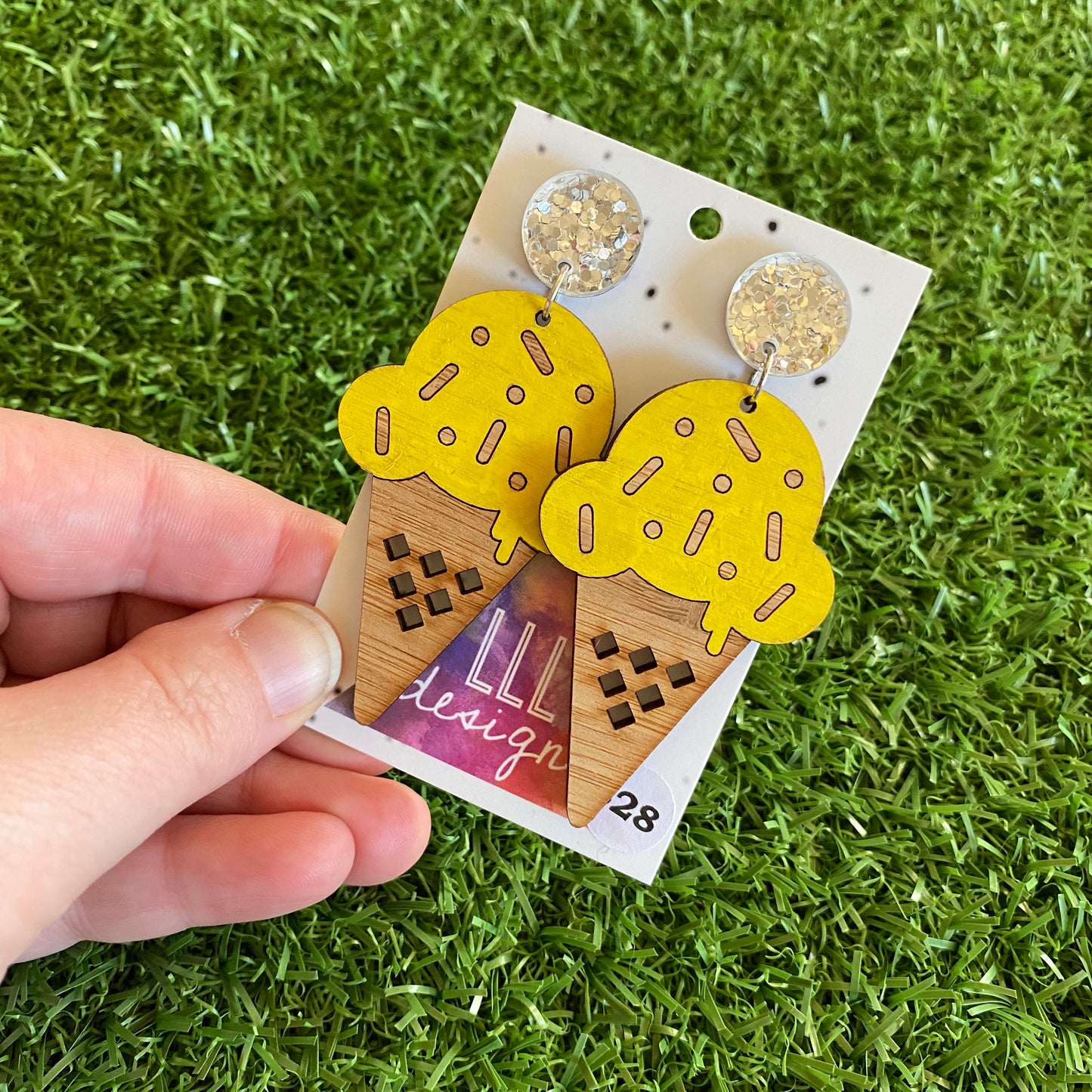 Ice Cream Earrings - Hand Painted Bamboo - Banana Ice Cream Cone Dangle Earrings. Finished with Mega Glitz Silver Tops to make them POP!
