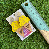 Ice Cream Earrings - Hand Painted Bamboo - Banana Ice Cream Cone Dangle Earrings. Finished with Mega Glitz Silver Tops to make them POP!