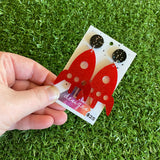 Rocket Ship Earrings - Glitter Red Space Rocket Ship Dangle Earrings - Finished with Galaxy Black Black Tops for a match made in Space!