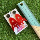 Rocket Ship Earrings - Glitter Red Space Rocket Ship Dangle Earrings - Finished with Galaxy Black Black Tops for a match made in Space!