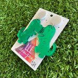 Trex Dino Earrings - Mirror Green Cartoon Trex Dino Dangle Earrings - These guys are so HAPPY and FUN - Sure to bring a SMILE :) to your dial!