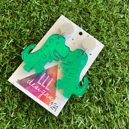 Trex Dino Earrings - Mirror Green Cartoon Trex Dino Dangle Earrings - These guys are so HAPPY and FUN - Sure to bring a SMILE :) to your dial!