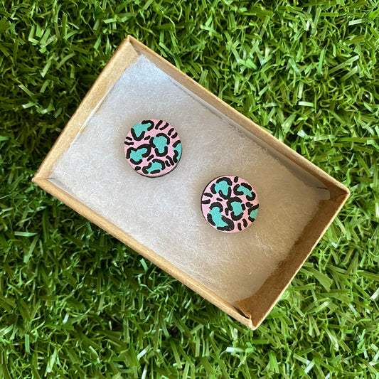 Mint Leopard Print Stud Earrings - Hand Painted Light Pink and Mint Leopard Print Earrings - Bamboo Studs - One of a Kind.
