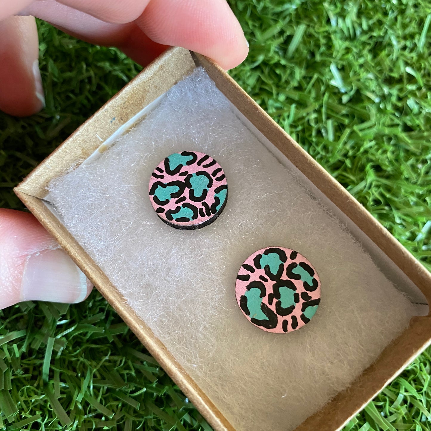 Mint Leopard Print Stud Earrings - Hand Painted Light Pink and Mint Leopard Print Earrings - Bamboo Studs - One of a Kind.