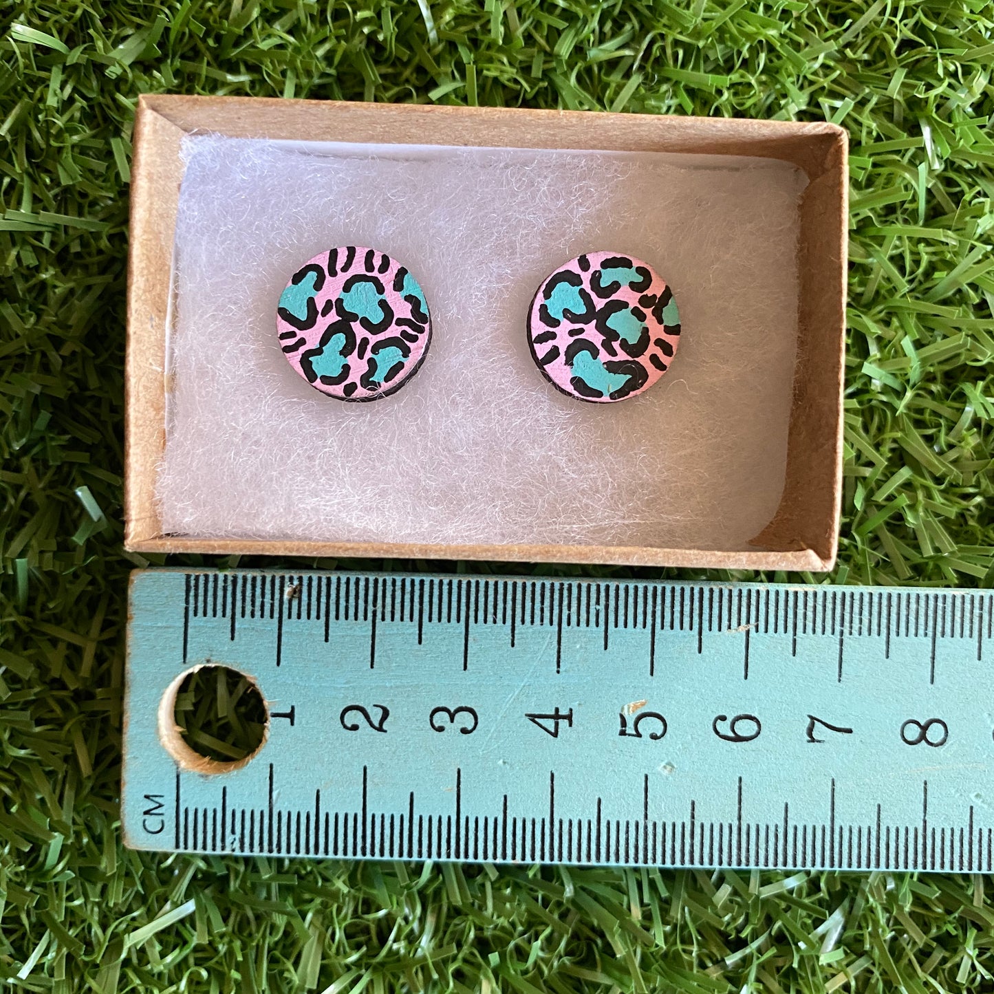Mint Leopard Print Stud Earrings - Hand Painted Light Pink and Mint Leopard Print Earrings - Bamboo Studs - One of a Kind.