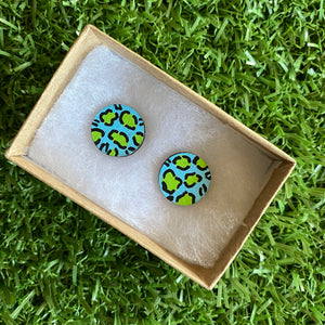 Green Leopard Print Stud Earrings - Hand Painted Light Blue and Lime Green Leopard Print Earrings - Bamboo Studs - One of a Kind.