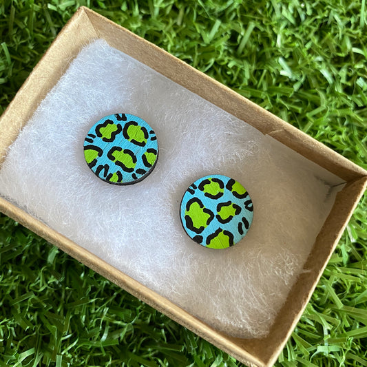 Green Leopard Print Stud Earrings - Hand Painted Light Blue and Lime Green Leopard Print Earrings - Bamboo Studs - One of a Kind.