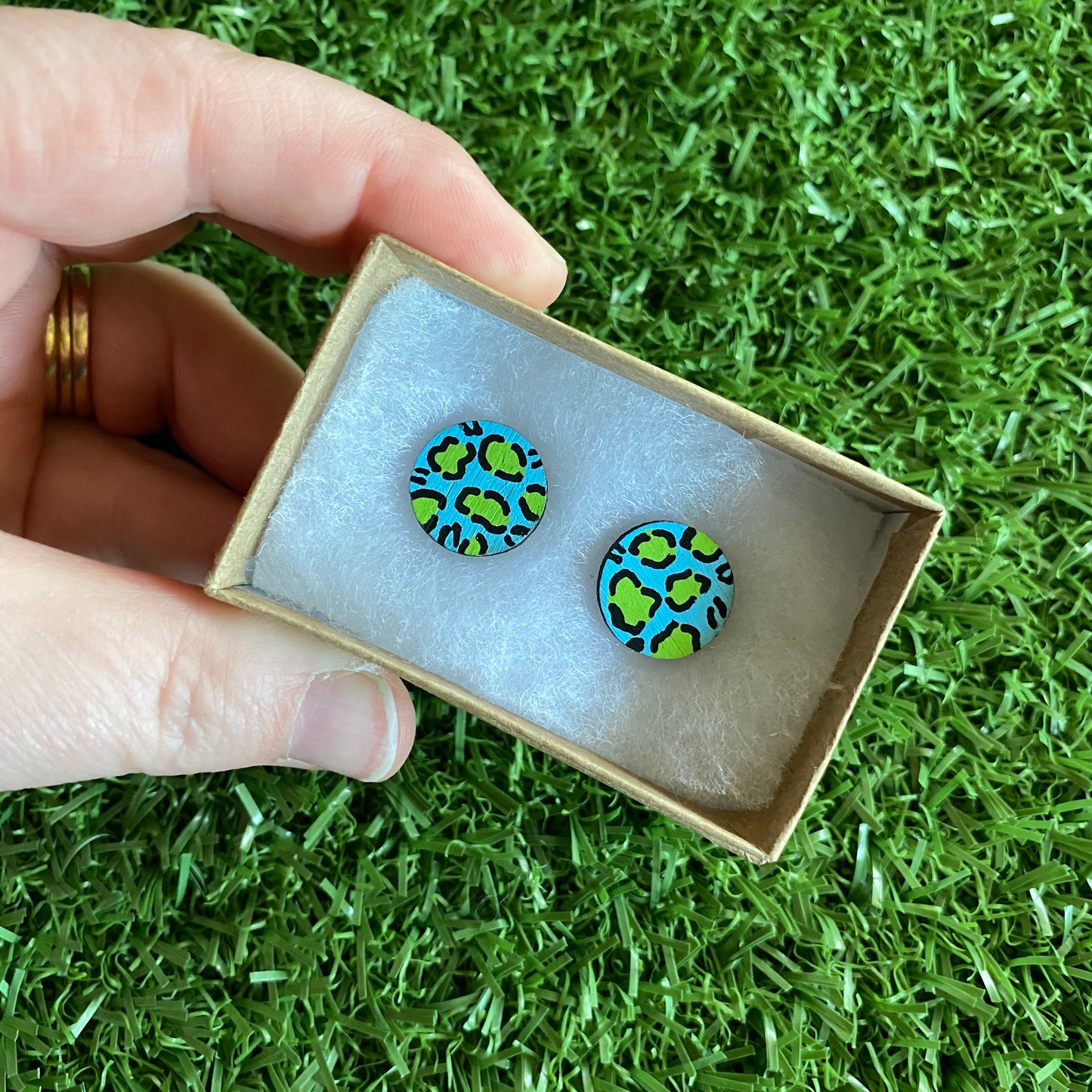 Green Leopard Print Stud Earrings - Hand Painted Light Blue and Lime Green Leopard Print Earrings - Bamboo Studs - One of a Kind.