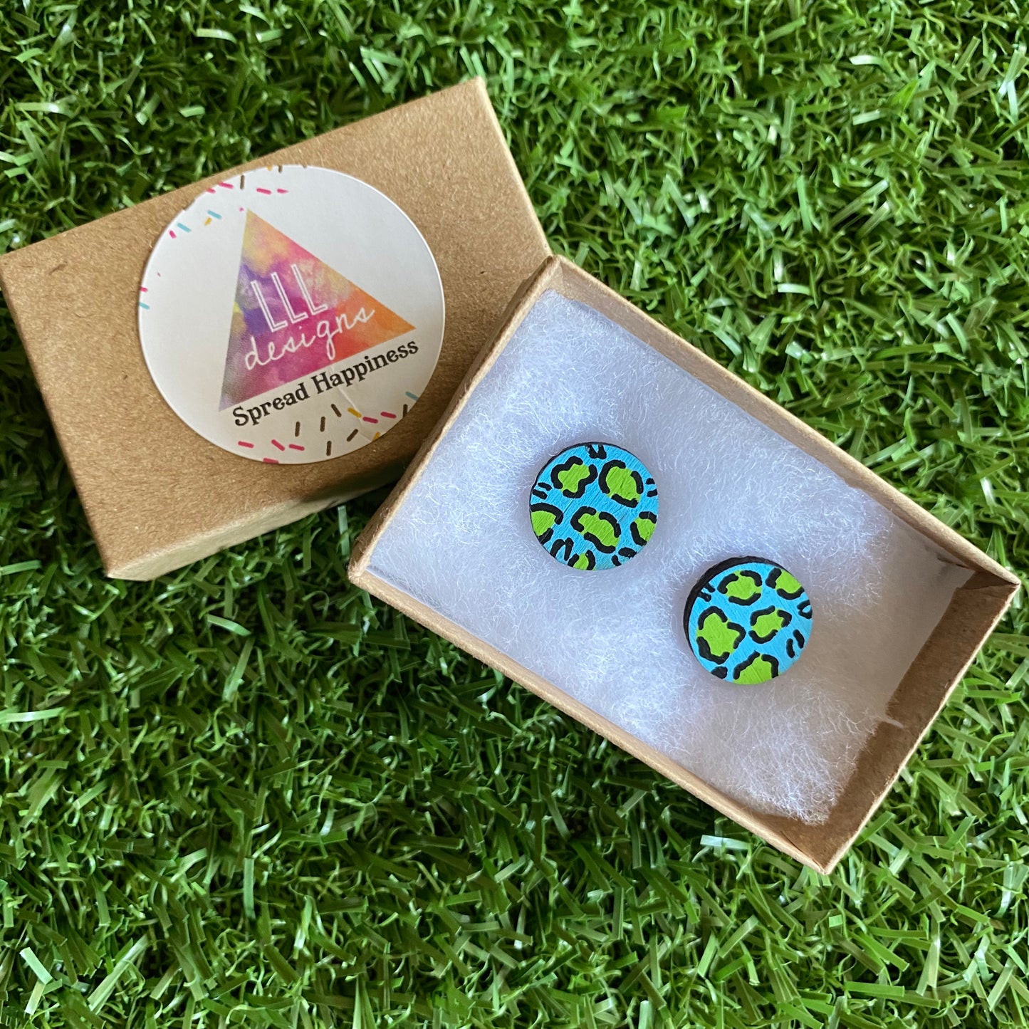 Green Leopard Print Stud Earrings - Hand Painted Light Blue and Lime Green Leopard Print Earrings - Bamboo Studs - One of a Kind.