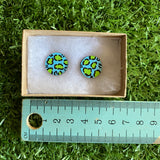 Green Leopard Print Stud Earrings - Hand Painted Light Blue and Lime Green Leopard Print Earrings - Bamboo Studs - One of a Kind.