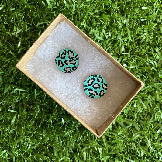 Silver Leopard Print Stud Earrings - Hand Painted Mint and Silver Leopard Print Earrings - Bamboo Studs - One of a Kind.