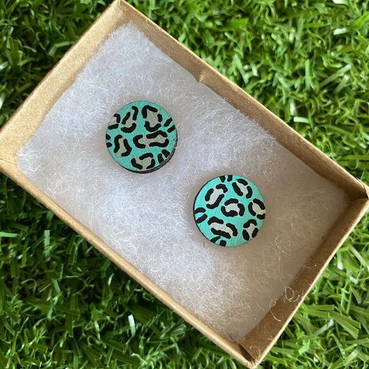 Silver Leopard Print Stud Earrings - Hand Painted Mint and Silver Leopard Print Earrings - Bamboo Studs - One of a Kind.
