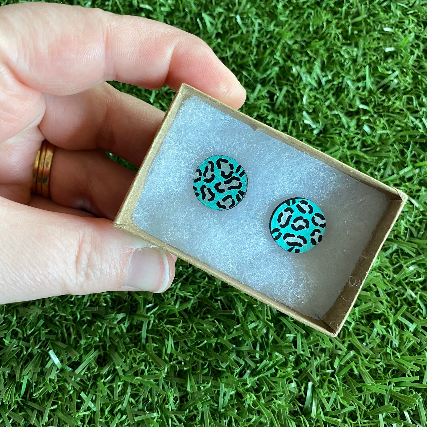 Silver Leopard Print Stud Earrings - Hand Painted Mint and Silver Leopard Print Earrings - Bamboo Studs - One of a Kind.