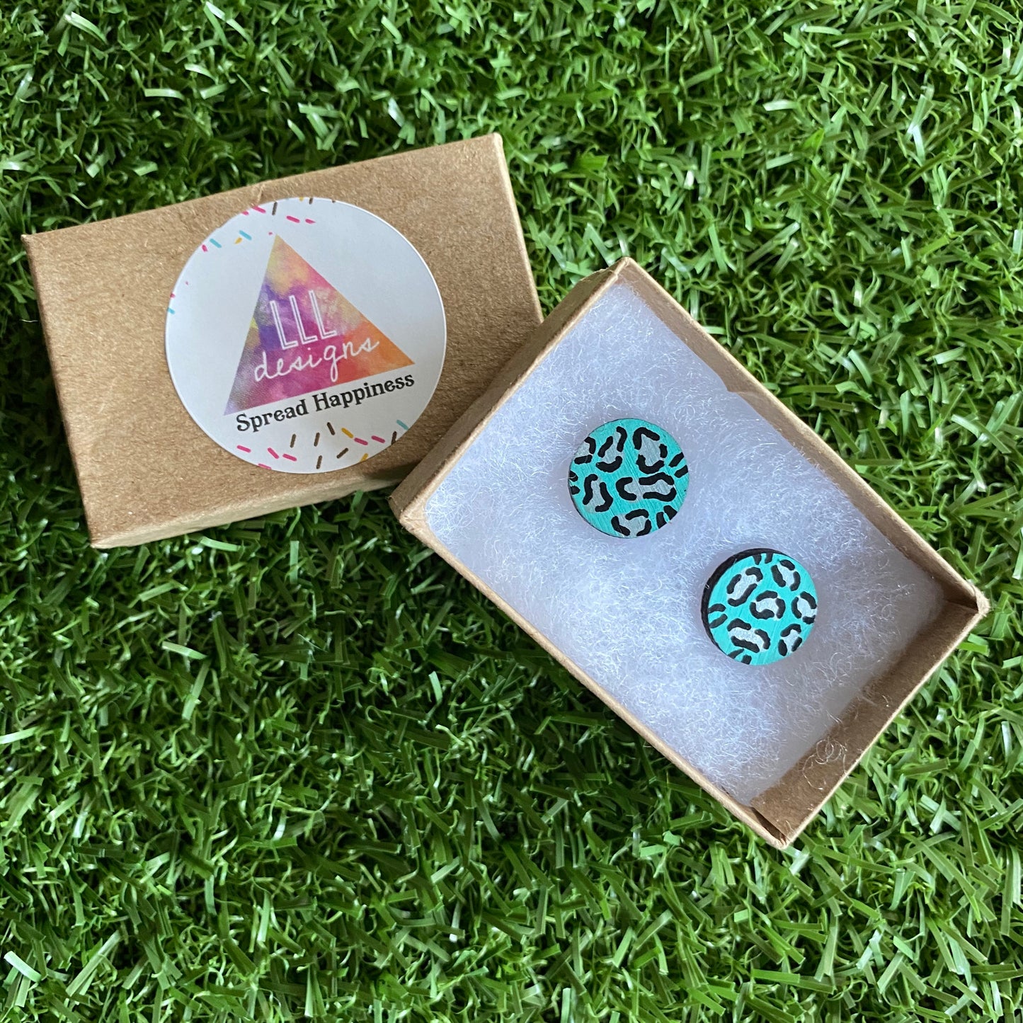 Silver Leopard Print Stud Earrings - Hand Painted Mint and Silver Leopard Print Earrings - Bamboo Studs - One of a Kind.