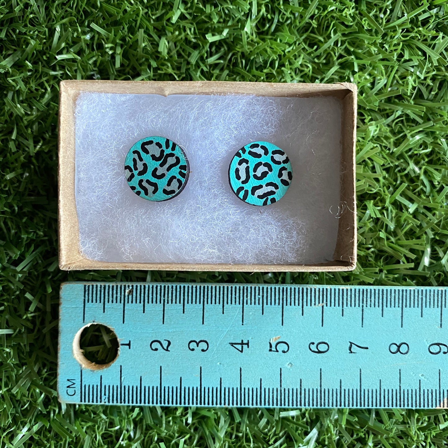 Silver Leopard Print Stud Earrings - Hand Painted Mint and Silver Leopard Print Earrings - Bamboo Studs - One of a Kind.