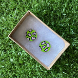 Purple Leopard Print Stud Earrings - Hand Painted Lime Green and Lavender Leopard Print Earrings - Bamboo Studs - One of a Kind.