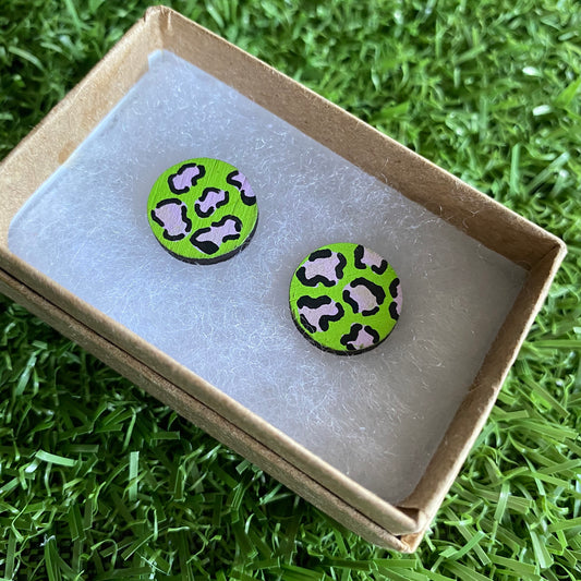 Purple Leopard Print Stud Earrings - Hand Painted Lime Green and Lavender Leopard Print Earrings - Bamboo Studs - One of a Kind.