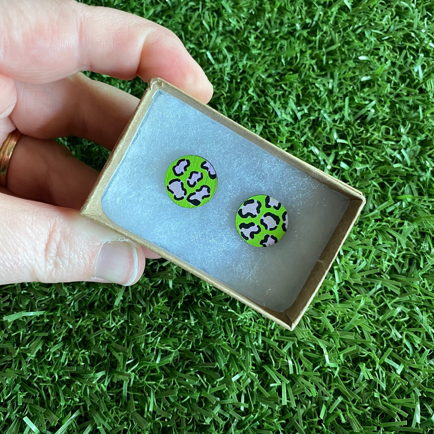 Purple Leopard Print Stud Earrings - Hand Painted Lime Green and Lavender Leopard Print Earrings - Bamboo Studs - One of a Kind.