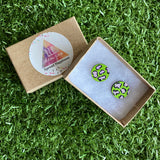 Purple Leopard Print Stud Earrings - Hand Painted Lime Green and Lavender Leopard Print Earrings - Bamboo Studs - One of a Kind.