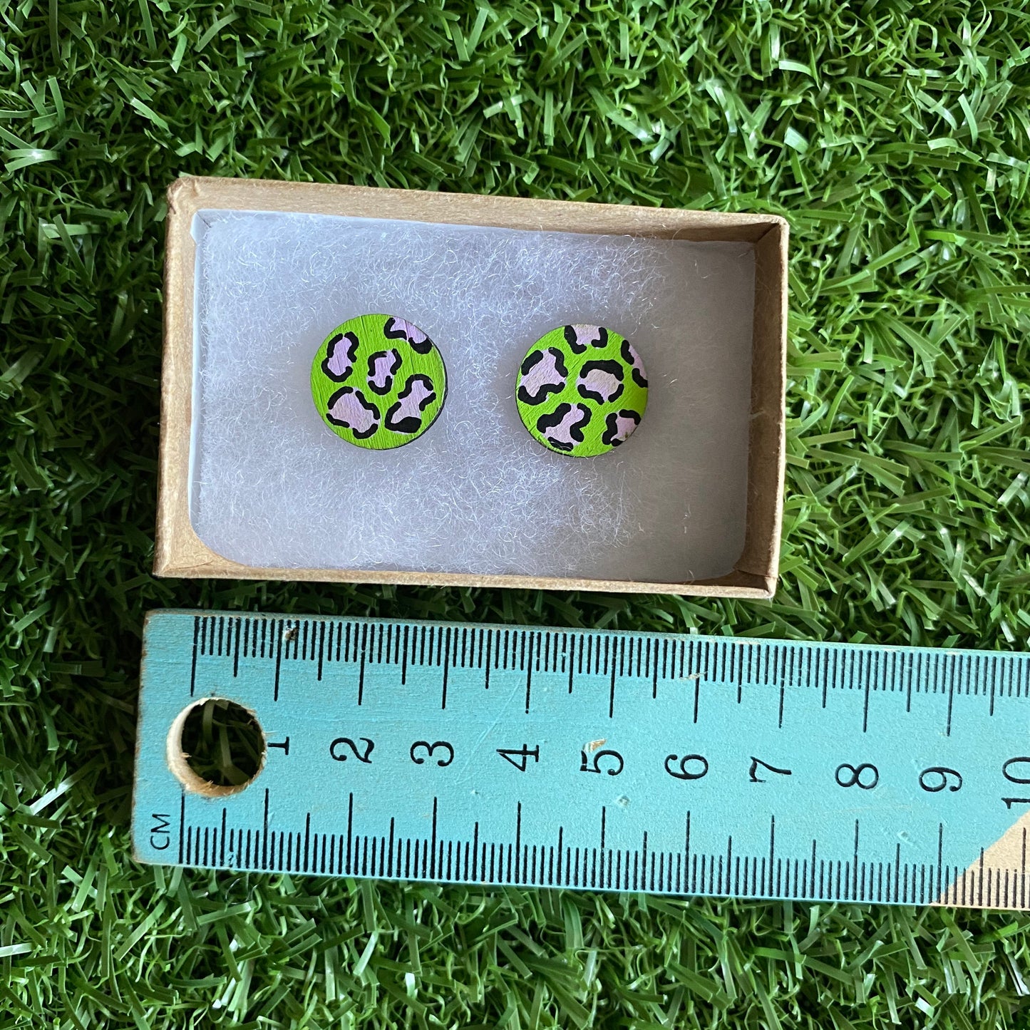 Purple Leopard Print Stud Earrings - Hand Painted Lime Green and Lavender Leopard Print Earrings - Bamboo Studs - One of a Kind.