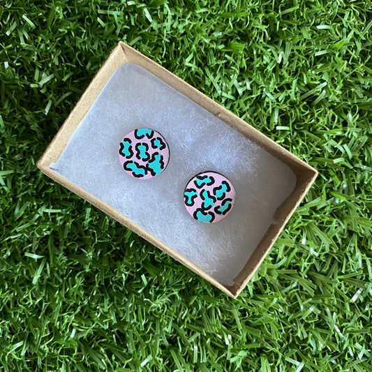 Mint Leopard Print Stud Earrings - Hand Painted Pale Pink and Mint Leopard Print Earrings - Bamboo Studs - One of a Kind.