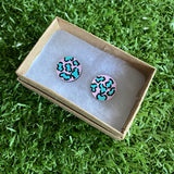 Mint Leopard Print Stud Earrings - Hand Painted Pale Pink and Mint Leopard Print Earrings - Bamboo Studs - One of a Kind.