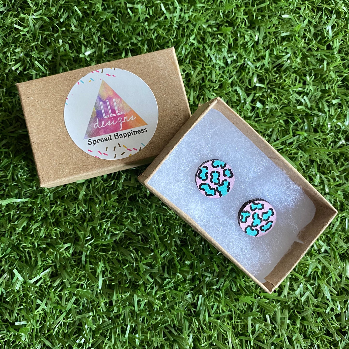Mint Leopard Print Stud Earrings - Hand Painted Pale Pink and Mint Leopard Print Earrings - Bamboo Studs - One of a Kind.