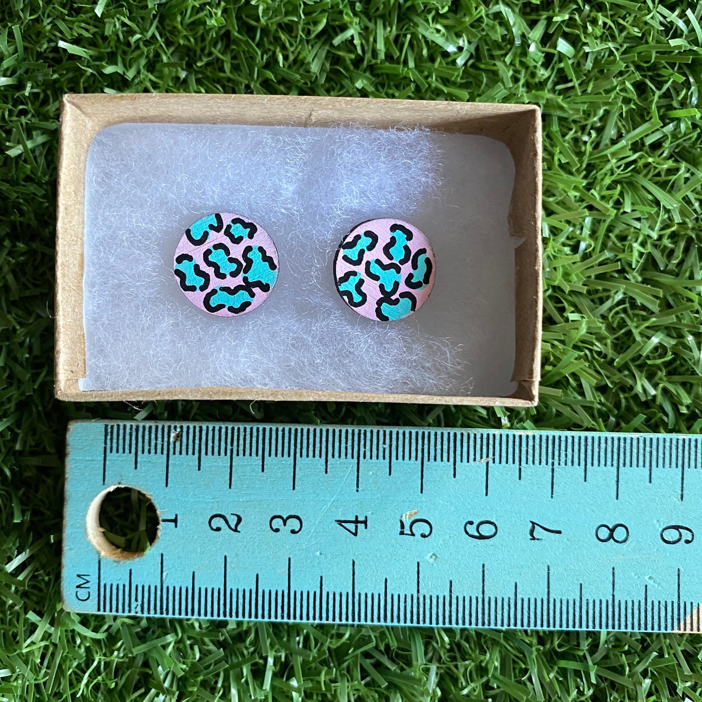 Mint Leopard Print Stud Earrings - Hand Painted Pale Pink and Mint Leopard Print Earrings - Bamboo Studs - One of a Kind.