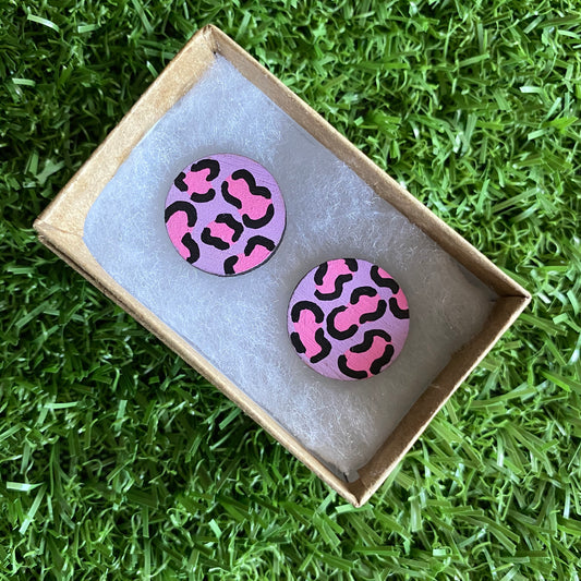 Statement Size - Pink Leopard Print Stud Earrings - Hand Painted Lavender and Pink Leopard Print Earrings - Bamboo Studs - One of a Kind.