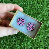 Statement Size - Pink Leopard Print Stud Earrings - Hand Painted Lavender and Pink Leopard Print Earrings - Bamboo Studs - One of a Kind.