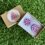 Statement Size - Pink Leopard Print Stud Earrings - Hand Painted Lavender and Pink Leopard Print Earrings - Bamboo Studs - One of a Kind.