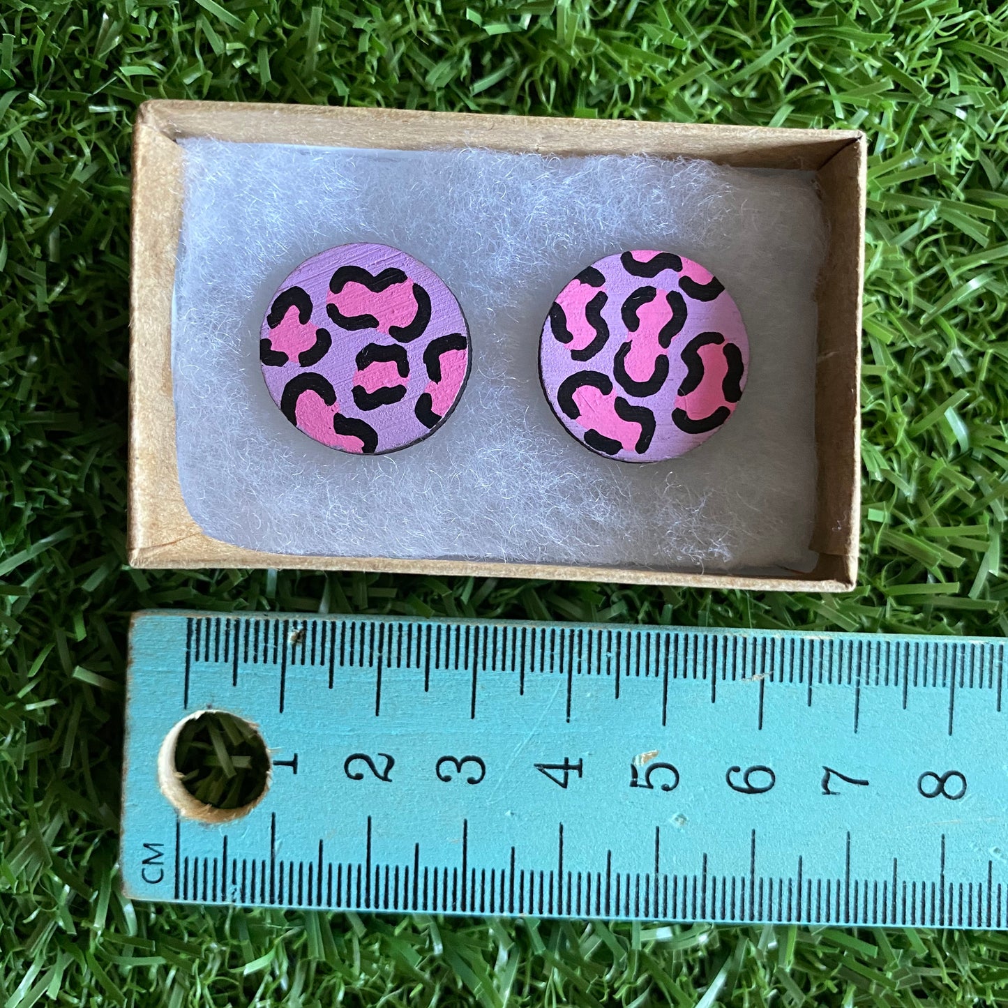 Statement Size - Pink Leopard Print Stud Earrings - Hand Painted Lavender and Pink Leopard Print Earrings - Bamboo Studs - One of a Kind.