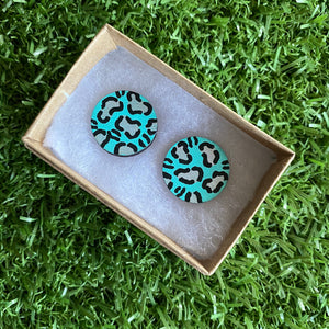 Statement Size - Silver Leopard Print Stud Earrings - Hand Painted Mint and Silver Leopard Print Earrings - Bamboo Studs - One of a Kind.