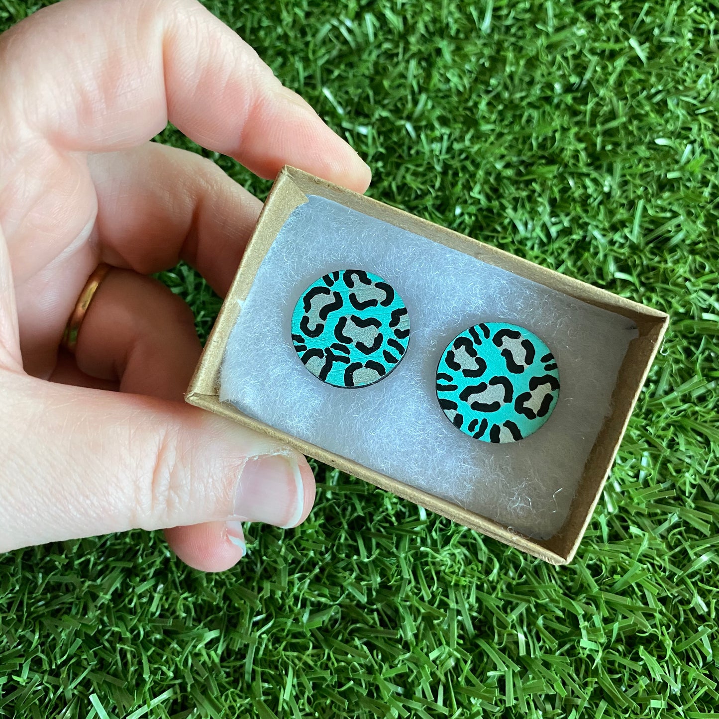 Statement Size - Silver Leopard Print Stud Earrings - Hand Painted Mint and Silver Leopard Print Earrings - Bamboo Studs - One of a Kind.