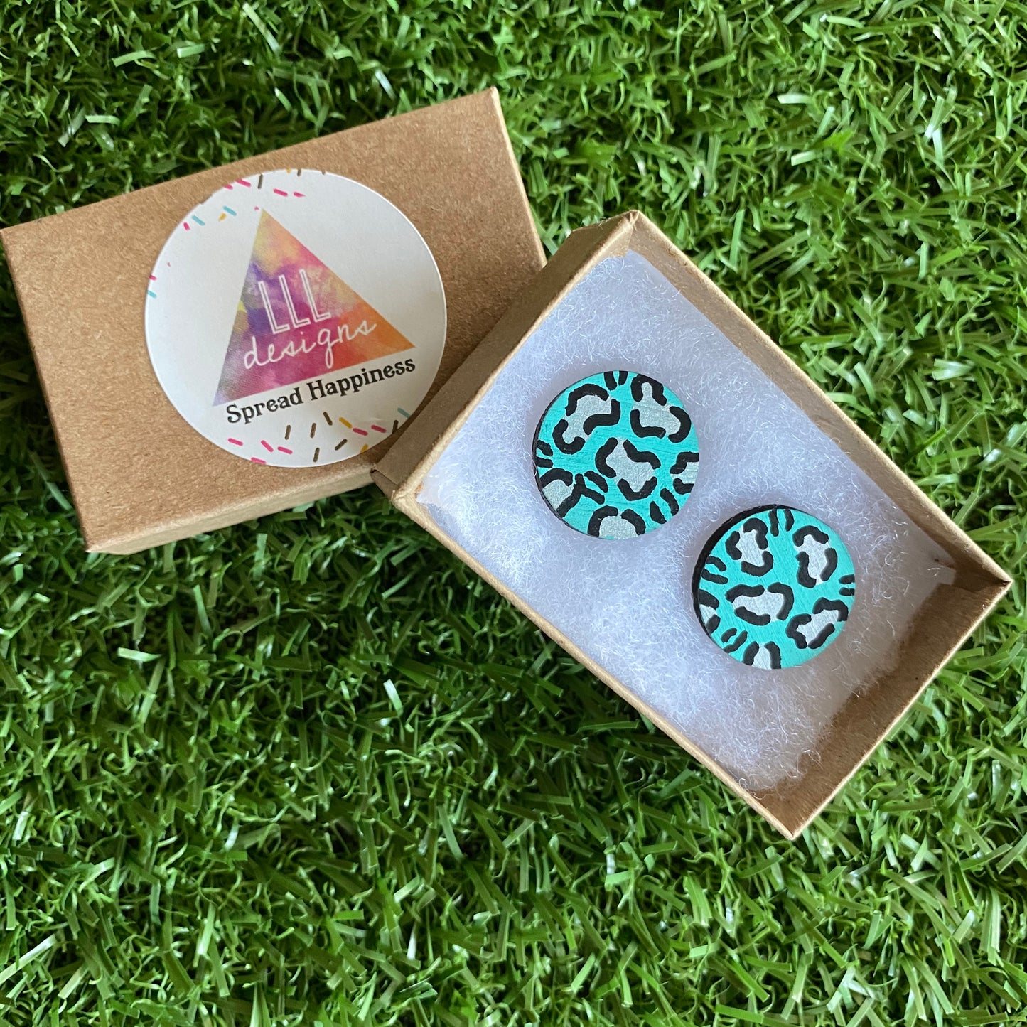 Statement Size - Silver Leopard Print Stud Earrings - Hand Painted Mint and Silver Leopard Print Earrings - Bamboo Studs - One of a Kind.