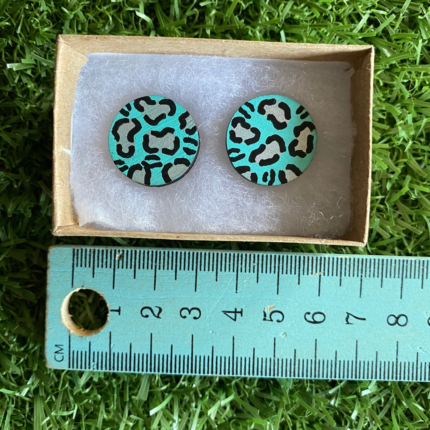 Statement Size - Silver Leopard Print Stud Earrings - Hand Painted Mint and Silver Leopard Print Earrings - Bamboo Studs - One of a Kind.