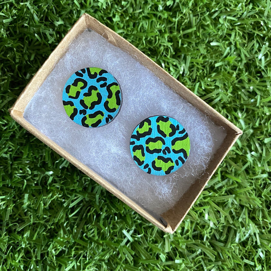 Statement Size - Green Leopard Print Stud Earrings - Hand Painted Sky Blue and Lime Green Leopard Print Earrings - Bamboo Studs - One of a Kind.