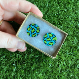Statement Size - Green Leopard Print Stud Earrings - Hand Painted Sky Blue and Lime Green Leopard Print Earrings - Bamboo Studs - One of a Kind.