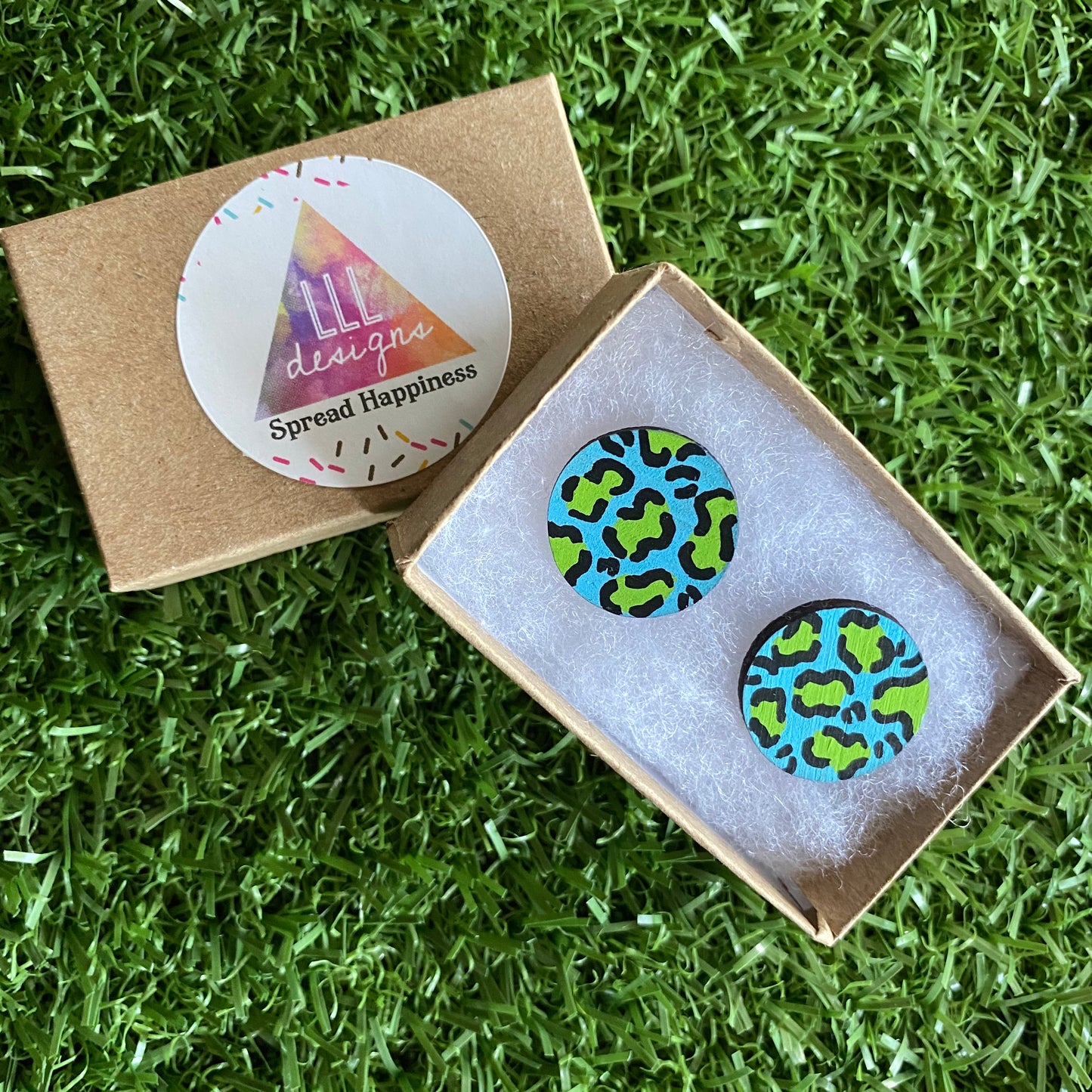 Statement Size - Green Leopard Print Stud Earrings - Hand Painted Sky Blue and Lime Green Leopard Print Earrings - Bamboo Studs - One of a Kind.