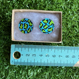 Statement Size - Green Leopard Print Stud Earrings - Hand Painted Sky Blue and Lime Green Leopard Print Earrings - Bamboo Studs - One of a Kind.
