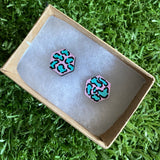 Mint Leopard Print Stud Earrings - Hand Painted Pale Pink and Mint Leopard Print Earrings - Bamboo Hexagon Studs - One of a Kind.
