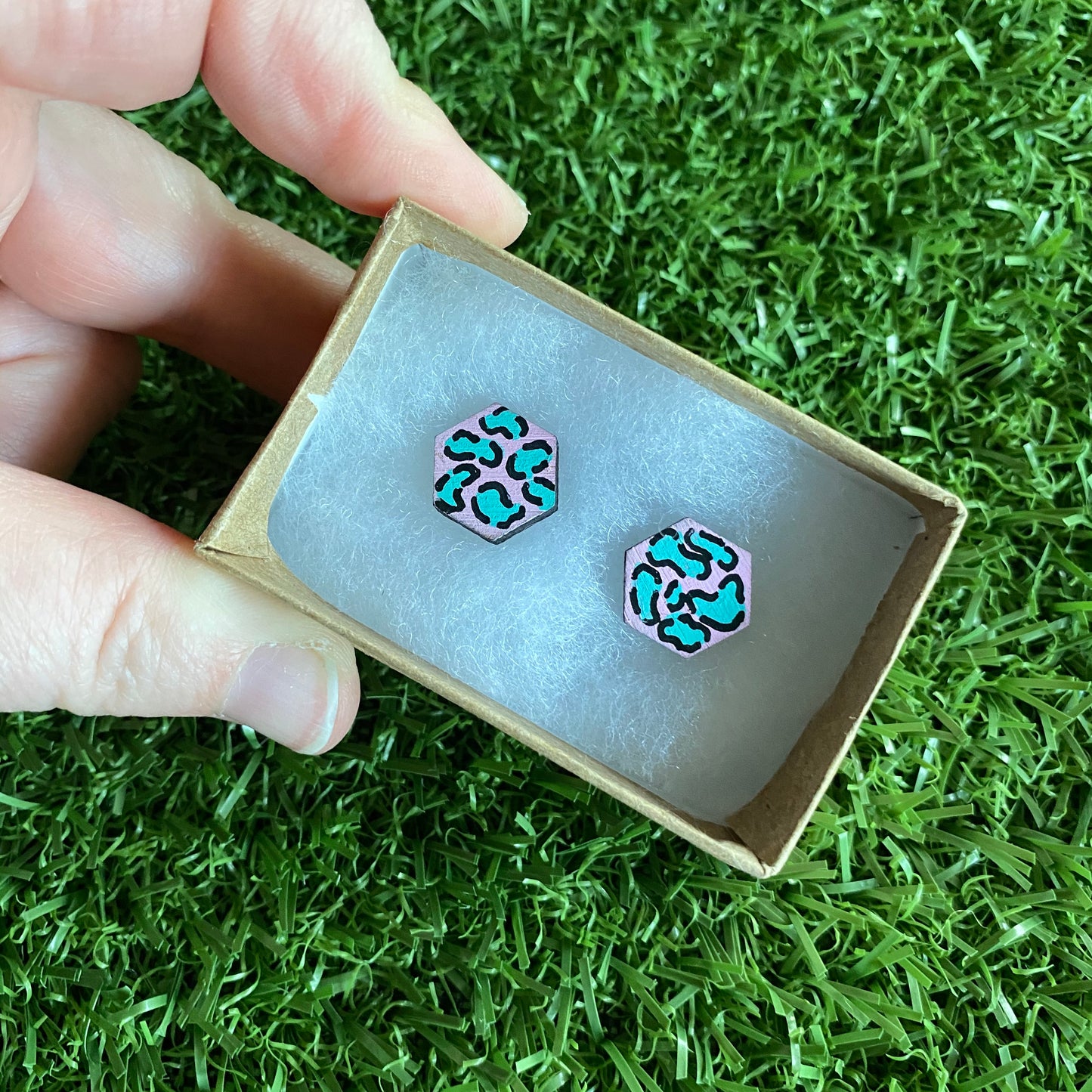 Mint Leopard Print Stud Earrings - Hand Painted Pale Pink and Mint Leopard Print Earrings - Bamboo Hexagon Studs - One of a Kind.