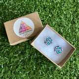 Mint Leopard Print Stud Earrings - Hand Painted Pale Pink and Mint Leopard Print Earrings - Bamboo Hexagon Studs - One of a Kind.
