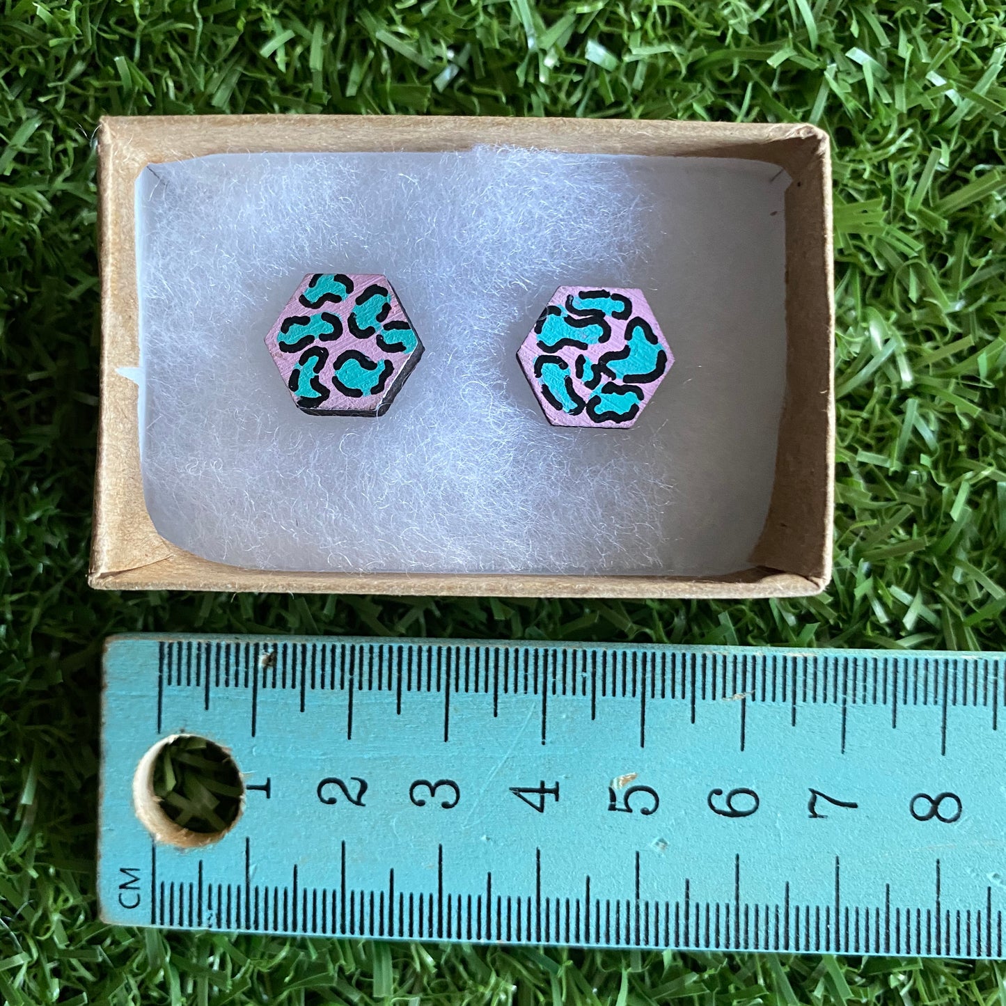 Mint Leopard Print Stud Earrings - Hand Painted Pale Pink and Mint Leopard Print Earrings - Bamboo Hexagon Studs - One of a Kind.