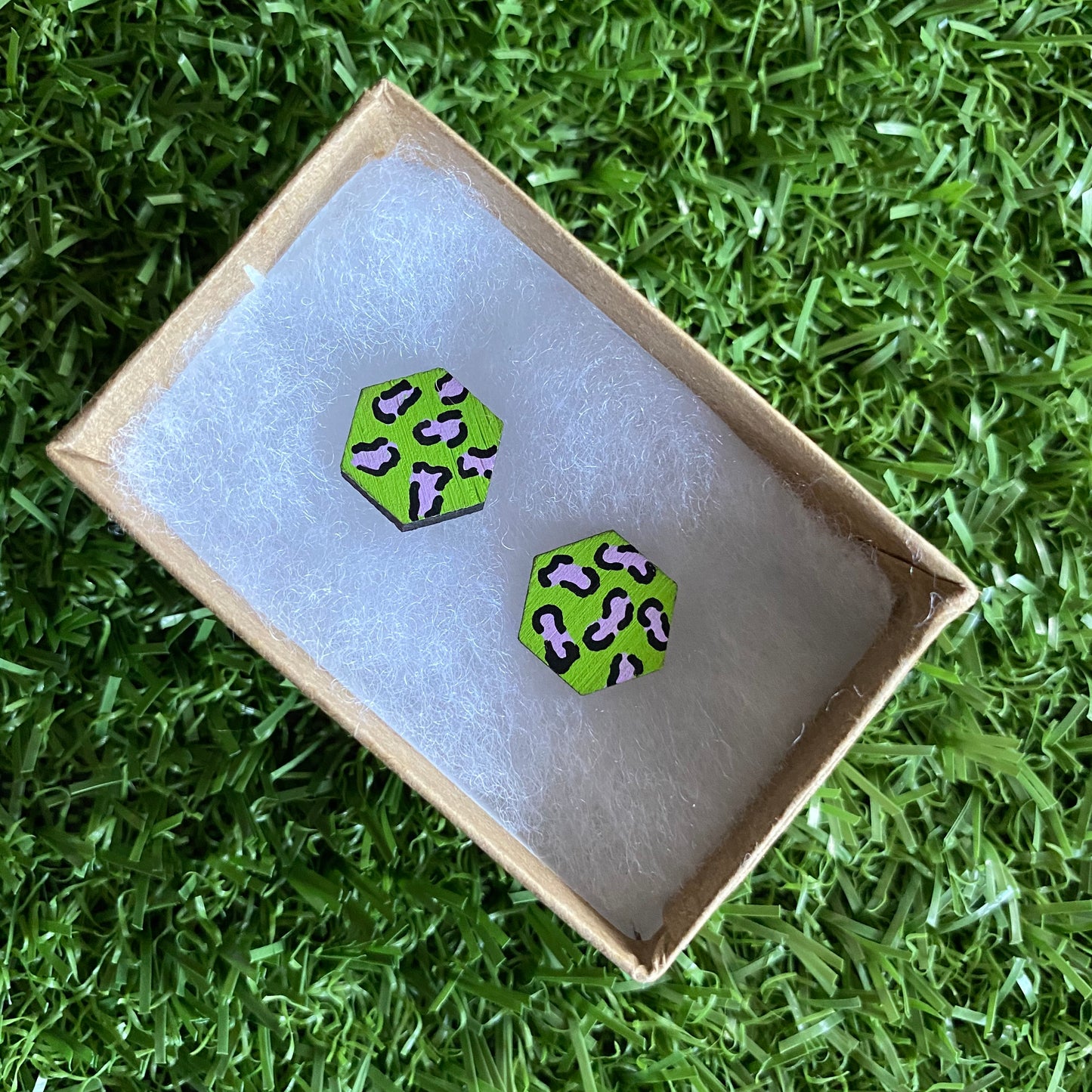 Lime Green Leopard Print Stud Earrings - Hand Painted Lime Green and Lavender Leopard Print Earrings - Bamboo Hexagon Studs - One of a Kind.