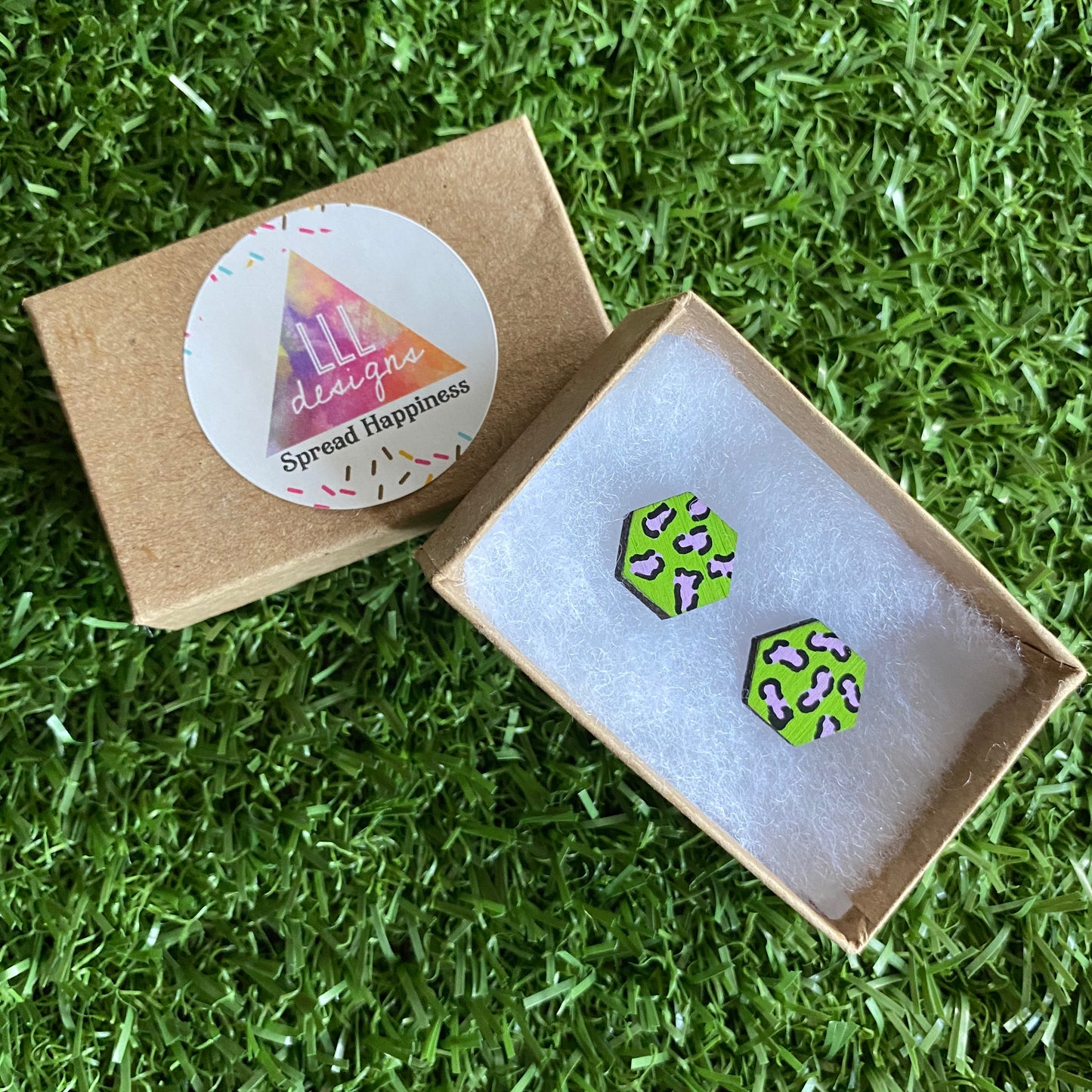Lime Green Leopard Print Stud Earrings - Hand Painted Lime Green and Lavender Leopard Print Earrings - Bamboo Hexagon Studs - One of a Kind.
