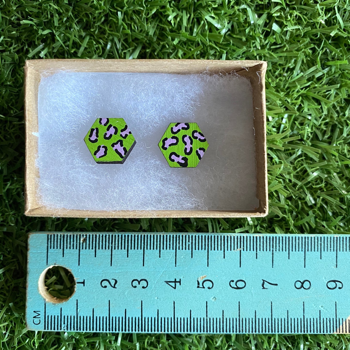 Lime Green Leopard Print Stud Earrings - Hand Painted Lime Green and Lavender Leopard Print Earrings - Bamboo Hexagon Studs - One of a Kind.