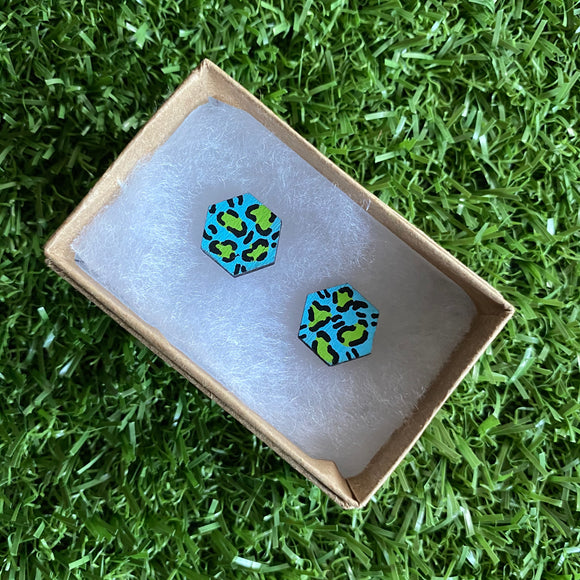 Green Leopard Print Stud Earrings - Hand Painted Sky Blue and Lime Green Leopard Print Earrings - Bamboo Hexagon Studs - One of a Kind.